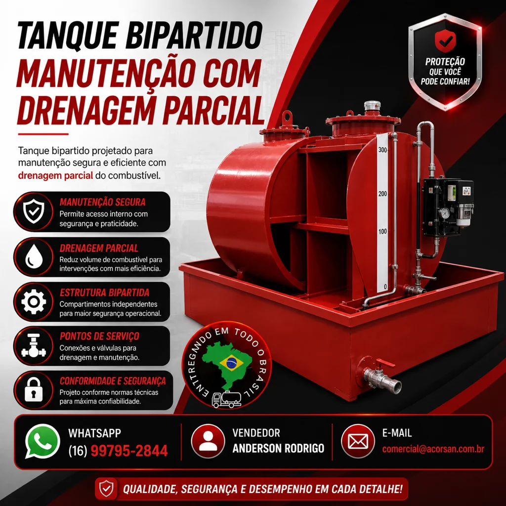 Tanque bipartido manutenção com drenagem parcial