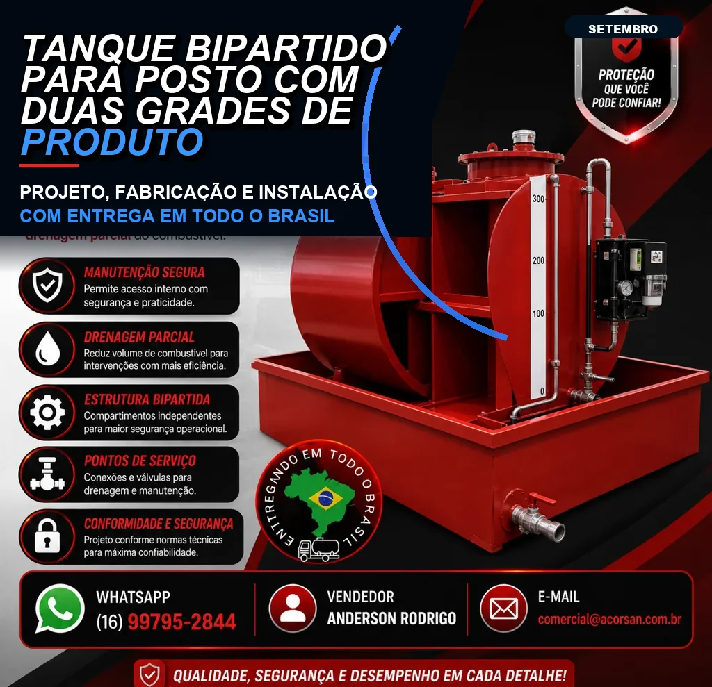 Tanque bipartido para posto com duas grades de produto